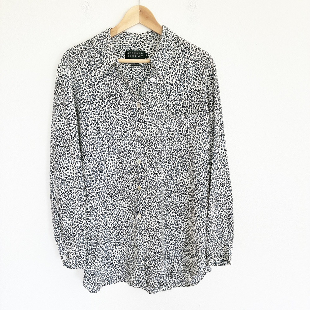 Vtg Spenser Jeremy 100% Silk Blouse Womens 16 Blue White Leopard Print Classic